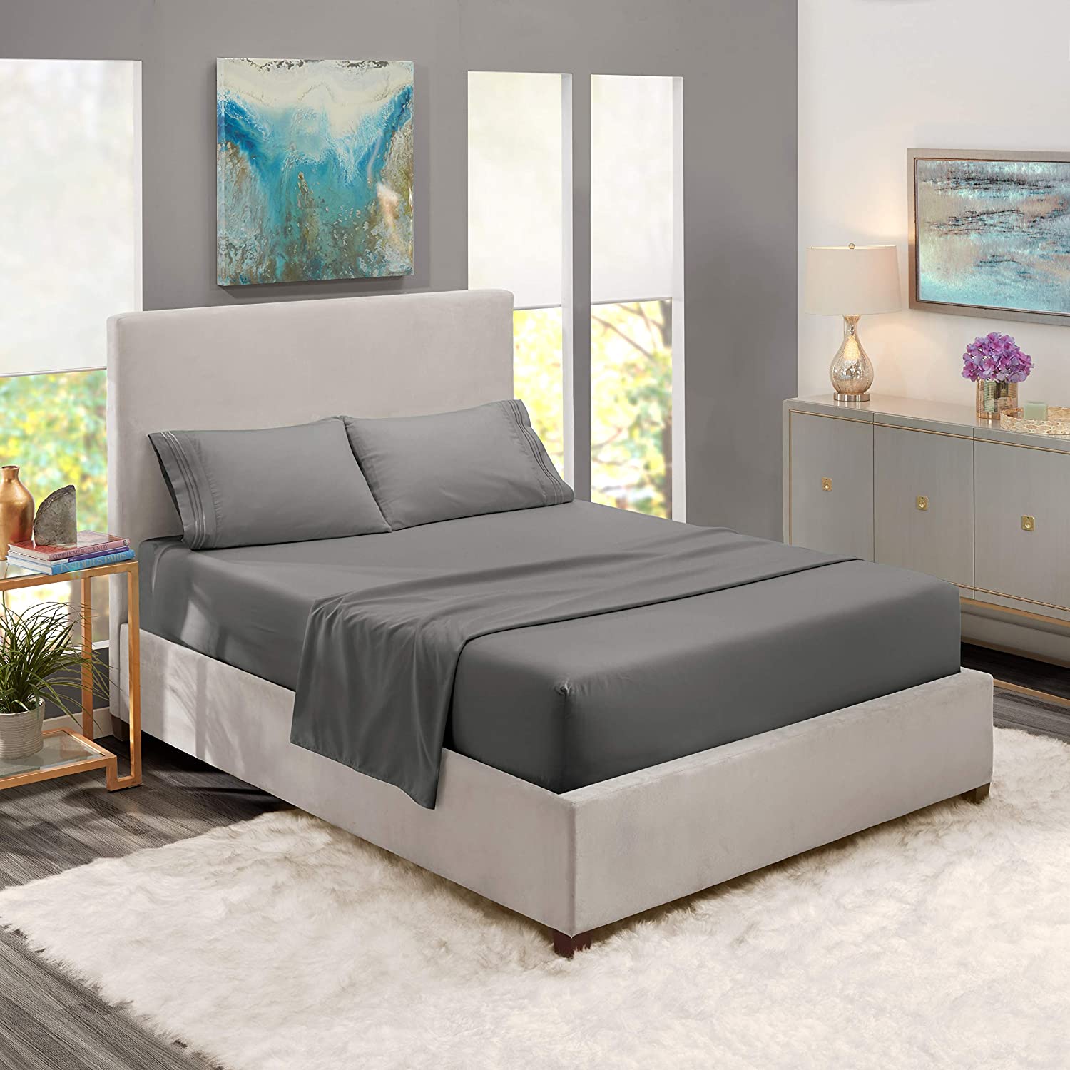 Nestl Bedding Soft Sheets Set – 4 Piece Bed Sheet Set, 3-Line Design Pillowcases 